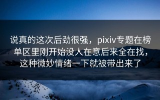 说真的这次后劲很强，pixiv专题在榜单区里刚开始没人在意后来全在找，这种微妙情绪一下就被带出来了